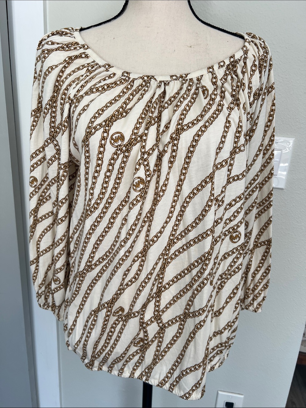 NWOT Michael Kors Cream Blouse with Gold Chain Print